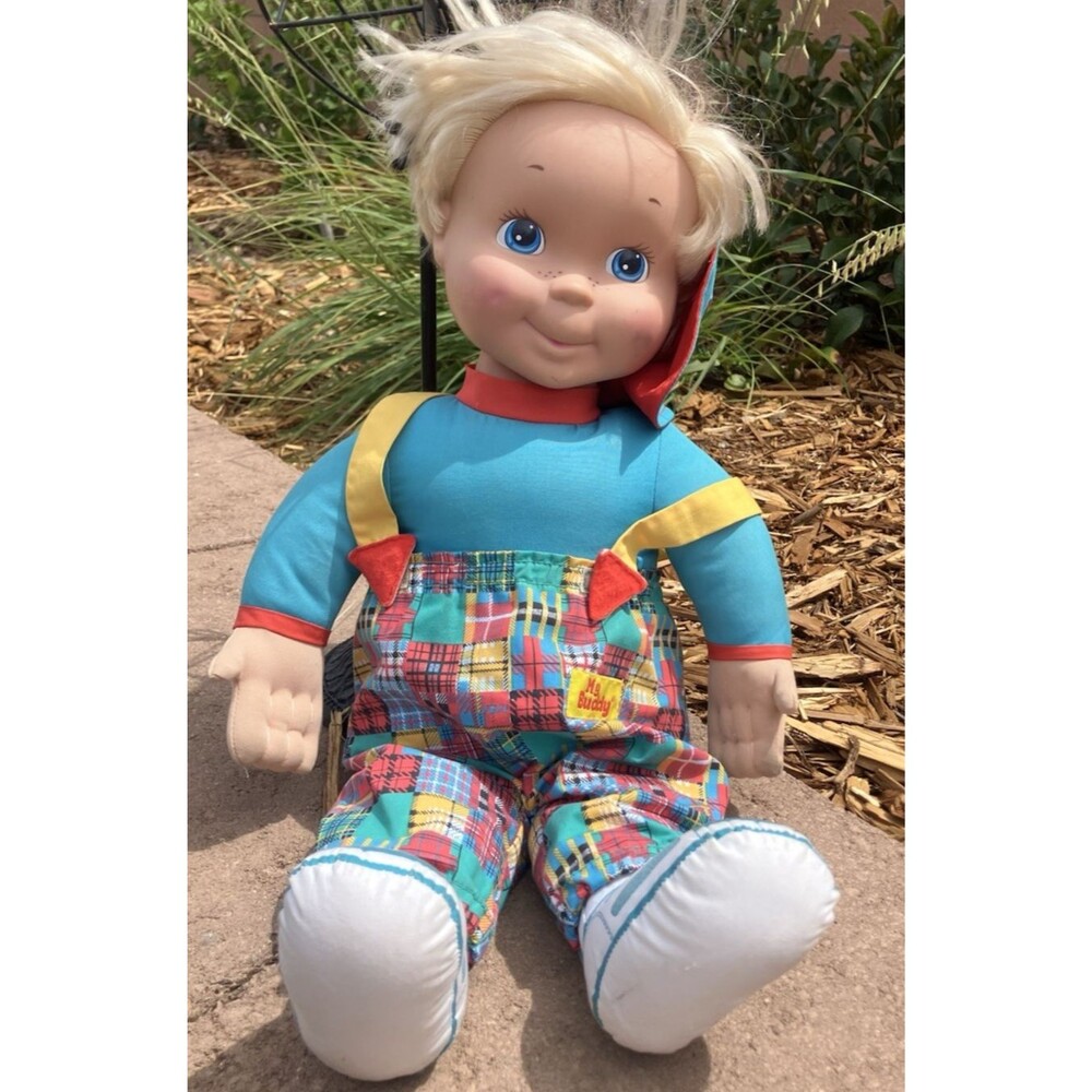 VTG 1993 Playschool My Buddy Doll 20” Blond Blue Eyes Plaid Overalls